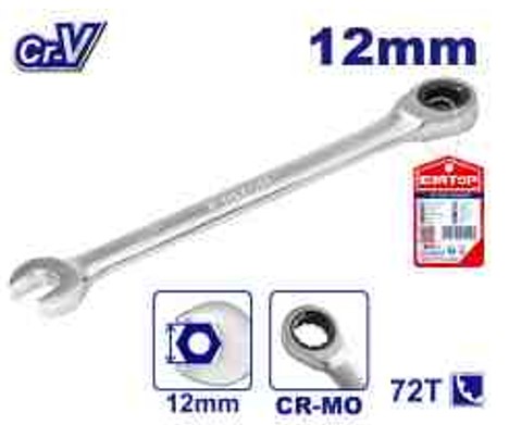 Professional 12mm Cr-V Ratchet Spanner 72T 12-point - 172mm Length Chrome Plated Matt Finish Quality Hand Tool Paper Card Packed Precision